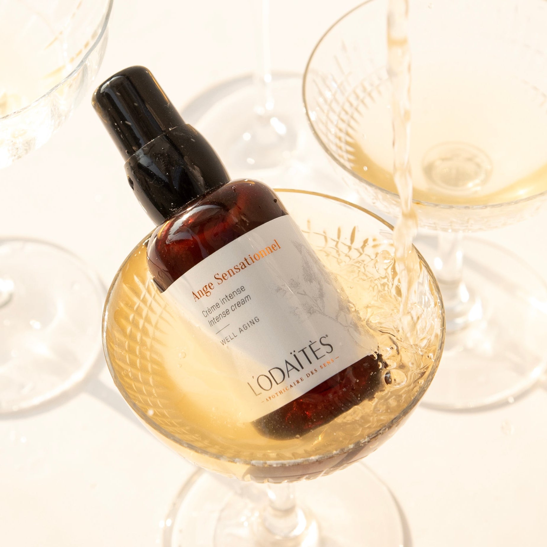 Crème intense well-aging Ange Sensationnel de L'Odaïtès dans une coupe de champagne