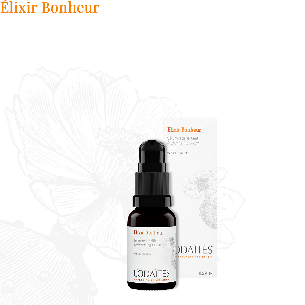 Sérum redensifiant Élixir Bonheur de L'Odaïtès sur fond blanc