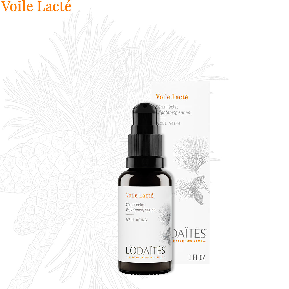 Sérum éclat Voile Lacté de L'Odaïtès sur un fond blanc